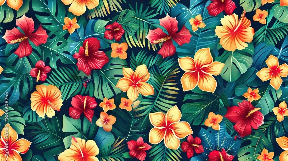 Seamless pattern of tropical leaves and hibiscus flowers in a painterly style Seamless pattern of tropical leaves and hibiscus flowers in a painterly style