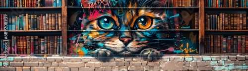 Graffiti cat illustration art on a bookstore wall background with literary style 