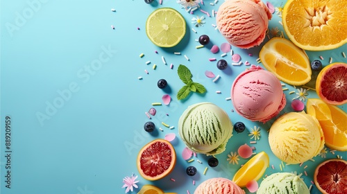 Ice creams design  background with floral lements and vibrant Colors. photo