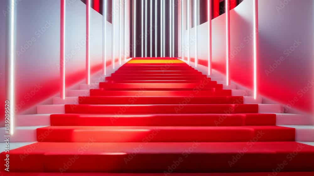 Red carpeted staircase with bright lights in a modern interior Red carpeted staircase with bright lights in a modern interior