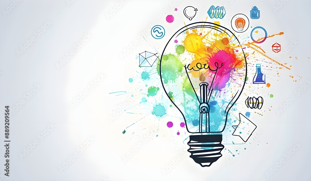 Colorful drawing of a light bulb with creative thinking concept icons on a white background, this vector illustration design is in the stock photo style for business and education. Colorful drawing of a light bulb with creative thinking concept icons on a white background, this vector illustration design is in the stock photo style for business and education.