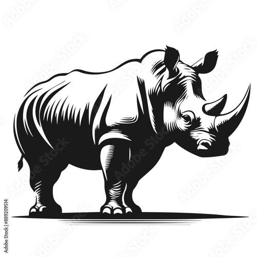 Clean black and white vector Silhouette of a White Rhino isolated on white background