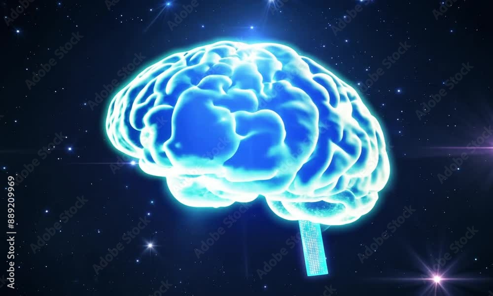 A glowing brain with neon blue neural pathways, set against a dark, starry sky. The neural network forms a web of shimmering lights, like constellations A glowing brain with neon blue neural pathways, set against a dark, starry sky. The neural network forms a web of shimmering lights, like constellations