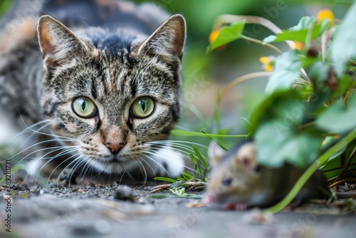 Wallpaper Mural tabby cat stalking unsuspecting mouse creeping silently from behind predator and prey animal behavior scene Torontodigital.ca