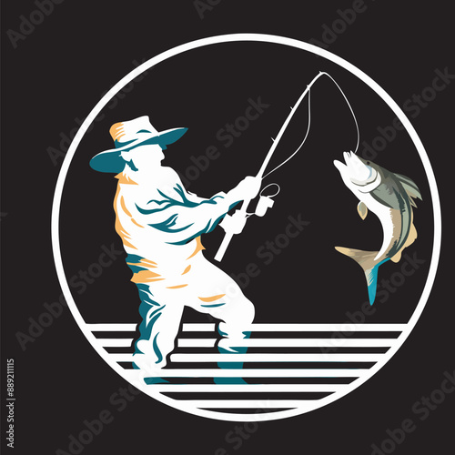 Holding A Bent Fishing Rod With A Fish Black & White Vector T-Shirt Design