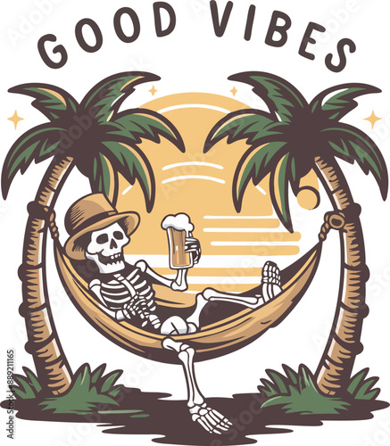 Skeleton’s Sunset Sip with Good Vibes Vector Design