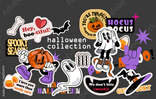 Collection of trendy retro Halloween stickers, patches, labels, tags, stamps. Funny Halloween phrases and jokes. Groovy Vector set isolated background