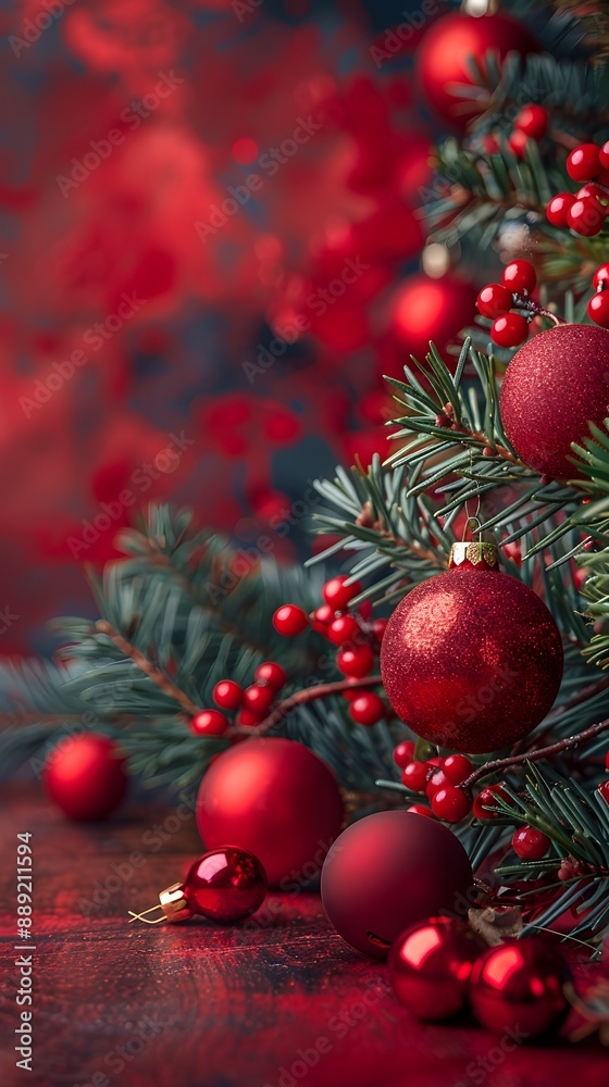 Traditional Christmas tree adorned with red and green ornaments and twinkling lights.