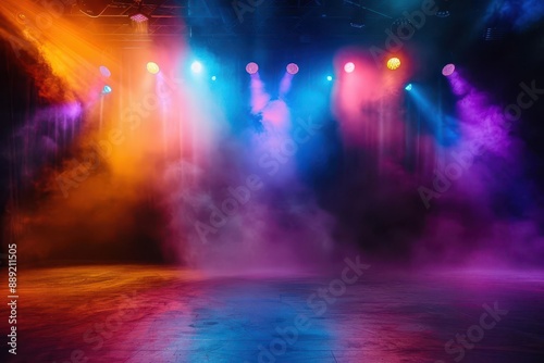 theatrical stage bathed in vibrant colorful spotlights smoke effects add atmosphere as the lights create a dynamic and captivating visual display for a concert or performance setting