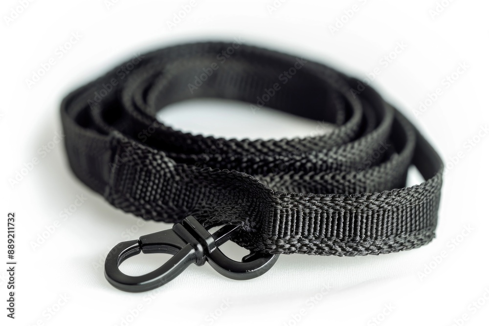 A close-up shot of a black leash lying on a white surface, ideal for use in designs related to dogs or pet accessories A close-up shot of a black leash lying on a white surface, ideal for use in designs related to dogs or pet accessories