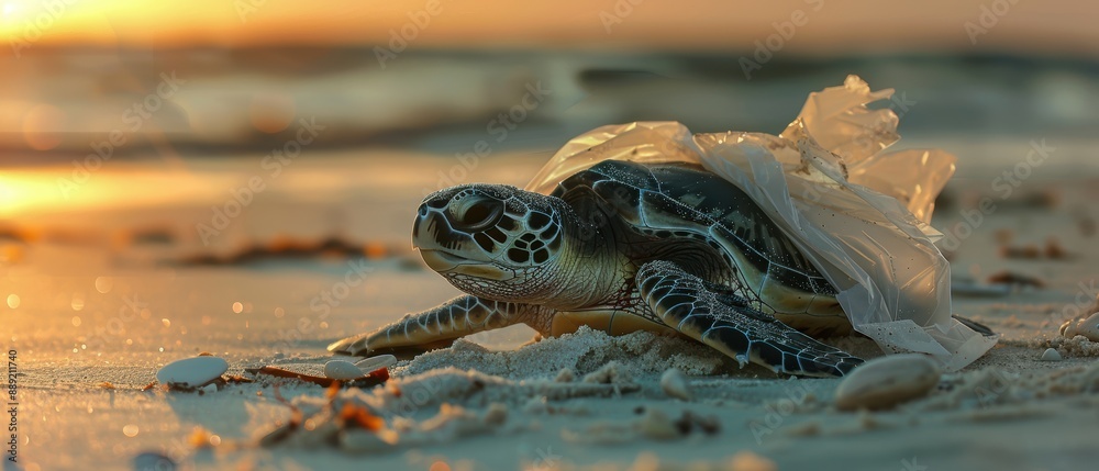 Fototapeta premium Endangered Sea Turtle Trapped in Plastic Bag on Pollution-Ridden Beach - Marine Litter Threat Concept