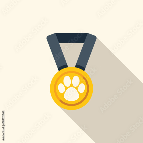 Gold medal is hanging from a blue ribbon, celebrating a pet's achievement