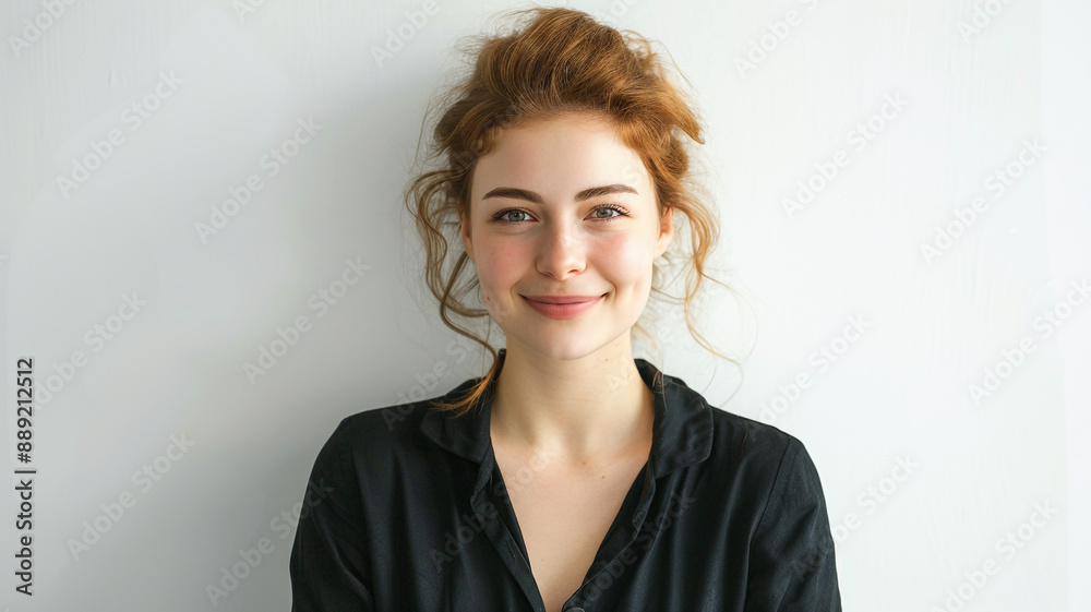 Fototapeta premium Portrait of beautiful happy young woman looking at camera on white background