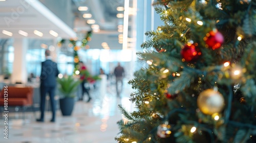 Office Holiday Decorations with Christmas Tree and Festive Lights in Modern Workspace photo