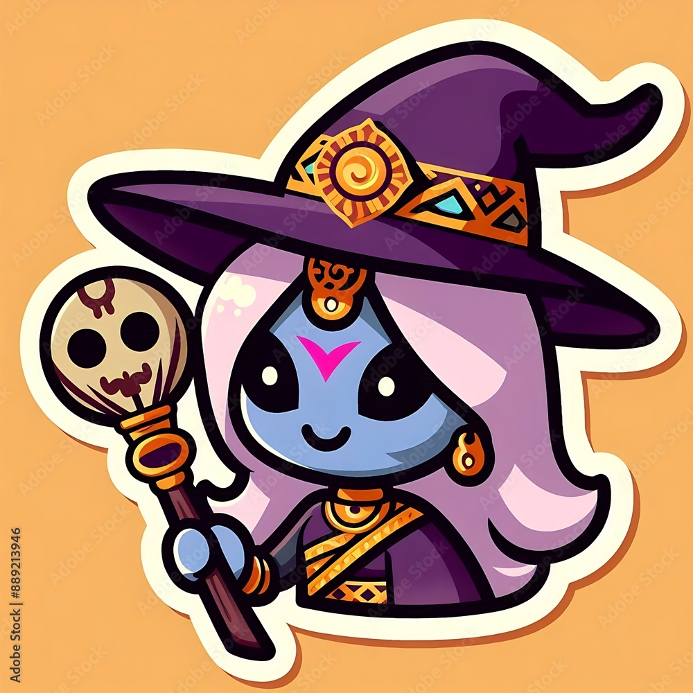 A cartoonish witch holding a broomstick and a skull A cartoonish witch holding a broomstick and a skull
