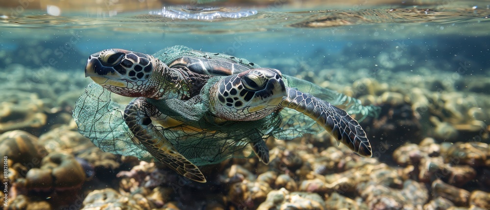 Obraz premium Trapped Turtle: Marine Animal Struggles to Free Itself from Plastic Net in Ocean Waters