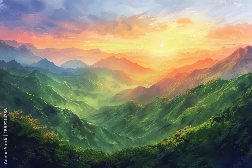 tranquil landscape with lush green mountains and vibrant sunset colors digital nature painting tranquil landscape with lush green mountains and vibrant sunset colors digital nature painting