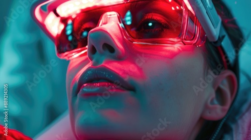 A woman wearing goggles shines a red light in the dark