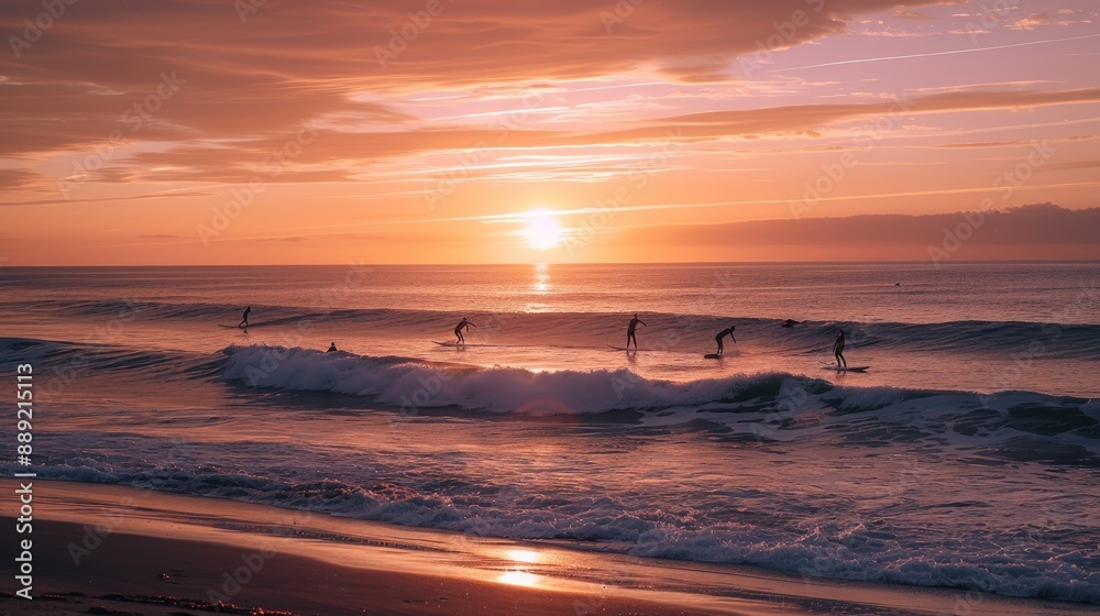 Obraz premium A serene sunset over a beach with a group of surfers catching the last waves of the day