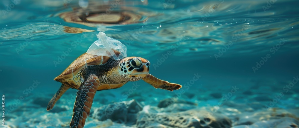 Fototapeta premium Concerning Encounter: Turtle Amidst Plastic Pollution in Pristine Blue Water