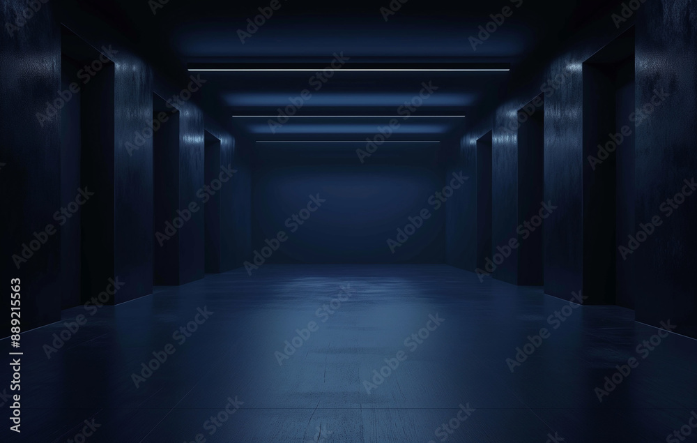 A dark background for product photography of an empty sci-fi room with high tech black and blue lighting A dark background for product photography of an empty sci-fi room with high tech black and blue lighting