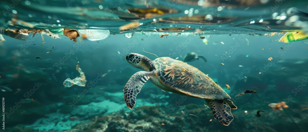 Obraz premium Marine Life Threatened: Sea Turtle Navigating Plastic Pollution in Turbid Ocean Waters