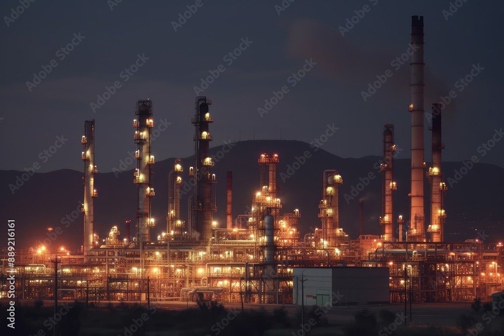 Fototapeta premium Illuminated Industrial Refinery at Night