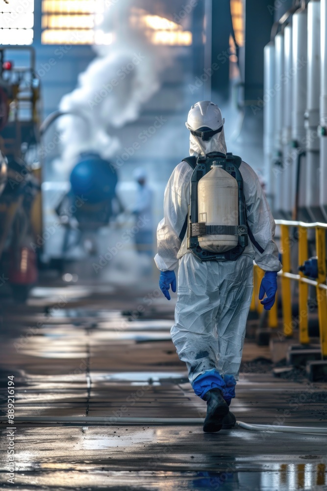 Naklejka premium A man in a white suit and blue gloves walks through a factory with a backpack on