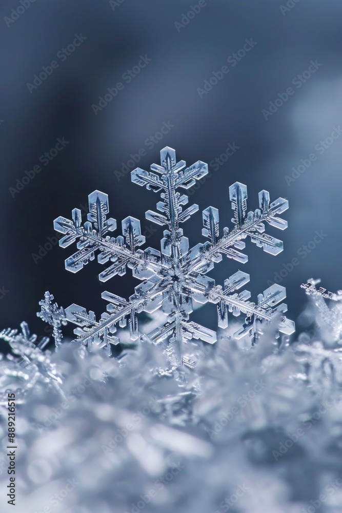 A snowflake is sitting on top of a snow covered ground A snowflake is sitting on top of a snow covered ground