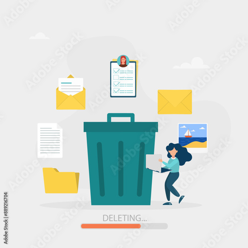 Delete concept. The character deletes data and moves unnecessary files to a large trash bin. Cleaning digital memory. Vector illustration.	