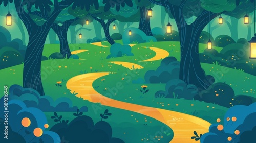 Enchanted Forest Path with Hanging Lanterns at Twilight