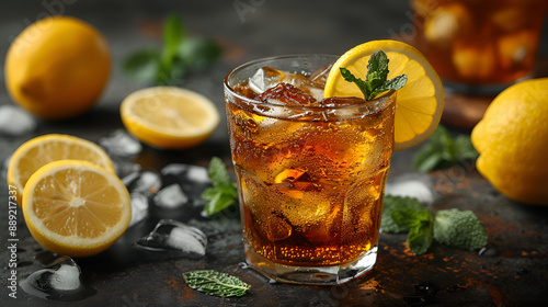 Cuba libre cocktail with lemon, mint and ice on dark background photo