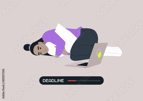 A procrastinating person lies curled up on the floor, hugging a pillow, with a laptop open nearby, A progress bar labeled Deadline shows the time running out