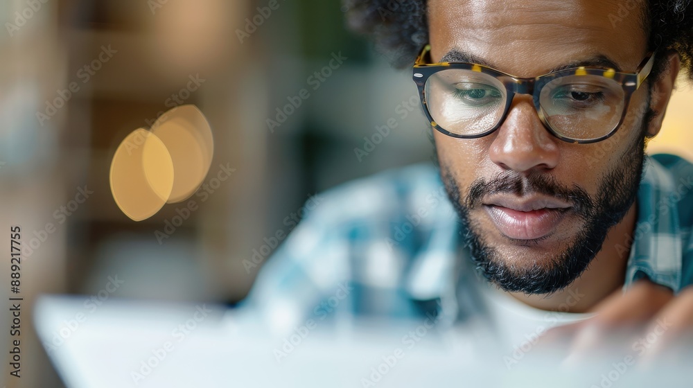This image shows a man wearing glasses deeply engrossed in reading a document, reflecting themes of intellectual pursuit, concentration, and dedication to his work. This image shows a man wearing glasses deeply engrossed in reading a document, reflecting themes of intellectual pursuit, concentration, and dedication to his work.