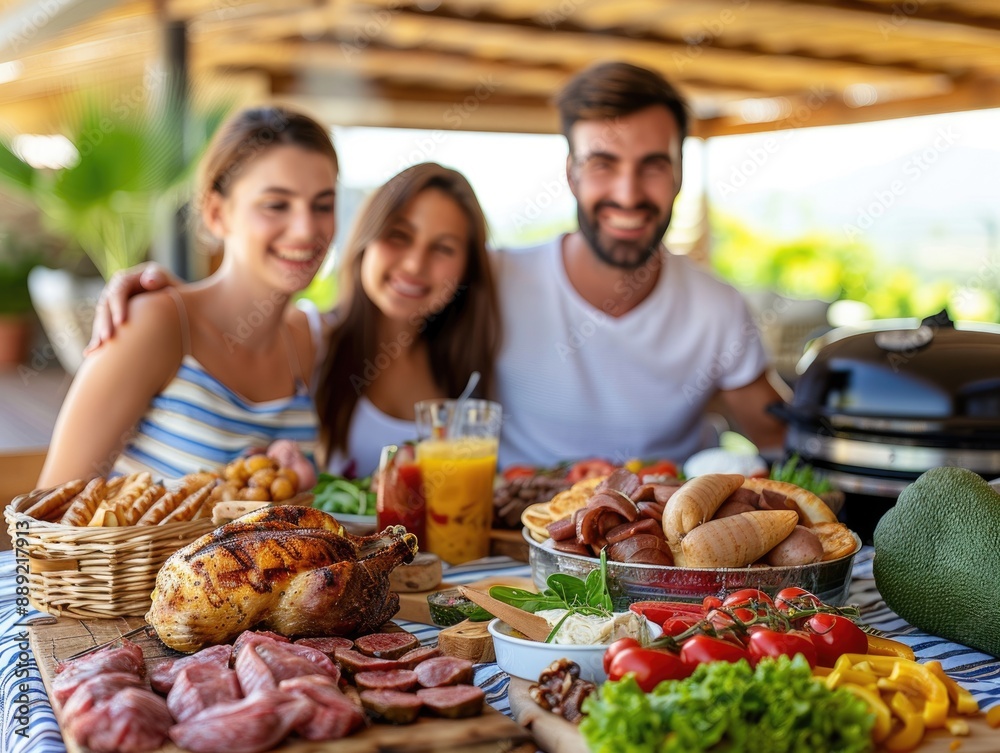 Happy Family Picnic in Sunlit Park with BBQ Grill - Enjoying Delicious Food Outdoors Together Happy Family Picnic in Sunlit Park with BBQ Grill - Enjoying Delicious Food Outdoors Together