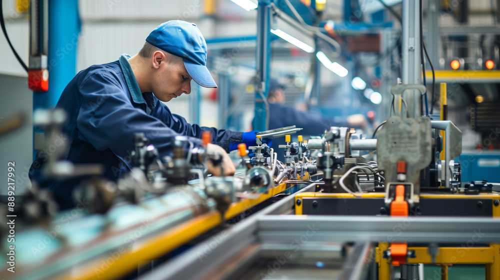 an engineer performing routine maintenance on a production line, ensuring all machinery is operating at peak efficiency, Labor Day, worker, tools, engineer, with copy space an engineer performing routine maintenance on a production line, ensuring all machinery is operating at peak efficiency, Labor Day, worker, tools, engineer, with copy space