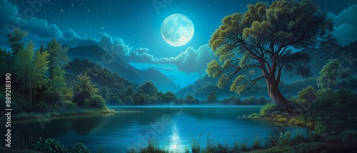 Blue moonlight on a tranquil forest pond, moonlit pond, calm and reflective