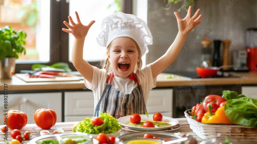 Joyful Child Cooking in Kitchen Wearing Chef's Hat Joyful Child Cooking in Kitchen Wearing Chef's Hat
