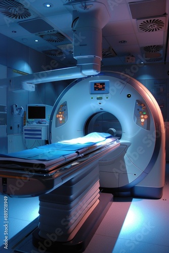 A hospital room with a CT scan machine