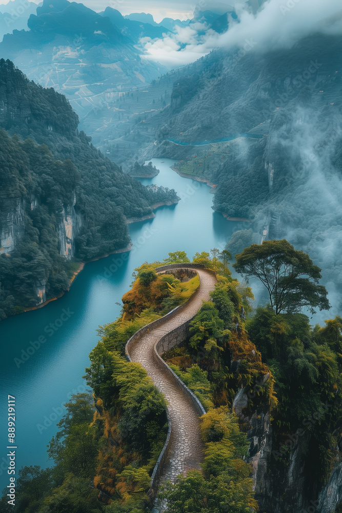 A winding river flows through lush green terraced fields, showcasing the beauty and intricacy of hillside farming under a clear sky A winding river flows through lush green terraced fields, showcasing the beauty and intricacy of hillside farming under a clear sky