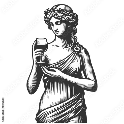 classical statue of woman wine glass, ancient elegance with modern appreciation sketch engraving generative ai fictional character vector illustration. Scratch board imitation. Black and white image.