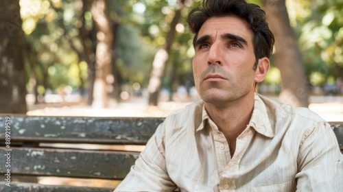 Thoughtful Man Sitting on Park Bench Pondering Life