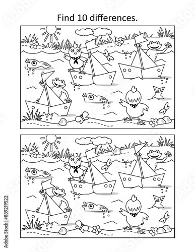 Pond regatta difference game and coloring page 