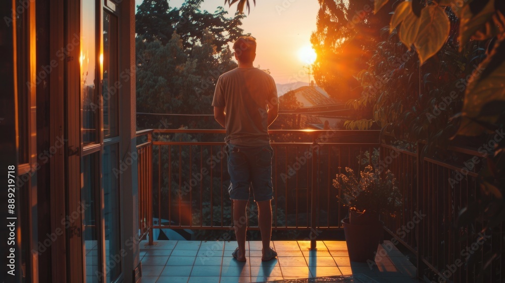 Fototapeta premium A person standing on a balcony, looking out at the sunset with a warm glow