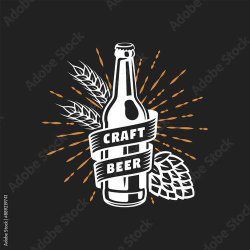 Craft beer logo. Vector craft beer icon with a bottle, hops and barley decoration. Vintage engraved emblem for a bar or pub.