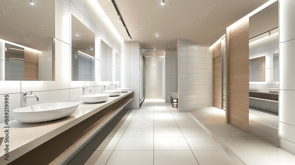 Modern bathroom with sinks and mirrors in a public space