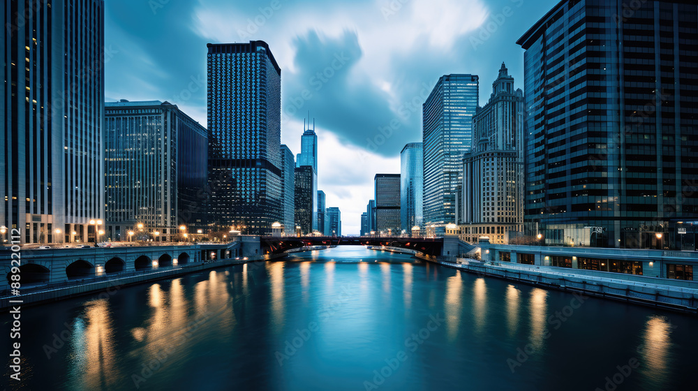 Naklejka premium Serene Dusk Over Chicago River Cityscape