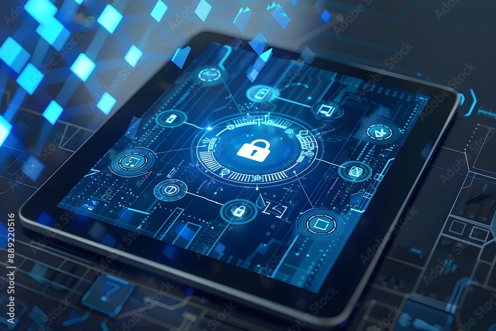digital tablet showing secure transaction process, with encryption symbols and digital data streams digital tablet showing secure transaction process, with encryption symbols and digital data streams