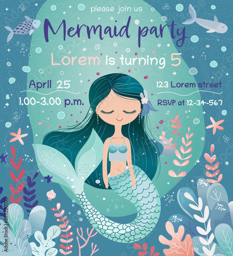 Children birthday party invitation with mermaid, sea and water plants. Vector illustration