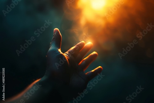 A conceptual image of a hand reaching towards a bright light. The image has a surreal and hopeful style. It is suitable for inspirational and motivational purposes. Generative AI